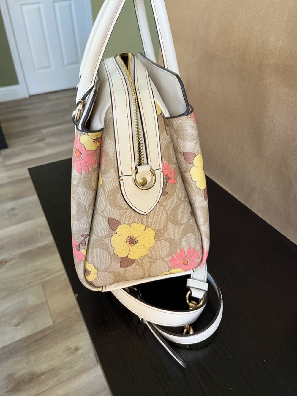 Coach Darcie Large Floral Signature Satchel in Beige, White, Yellow and Pink - Picture 4 of 11
